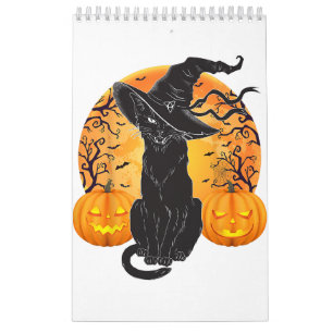 Calendário Chapéu de Bruxa de Halloween de Gato Negro Assusta