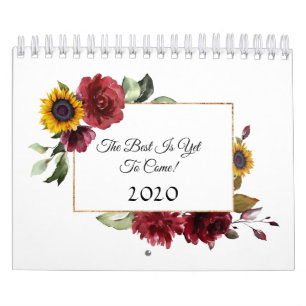 Calendário Charm Burgundy Sunflower Quote Inspiracional 2020