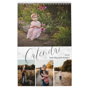 Calendário Chic Marble Watercolor Script Multi Photo Calendar