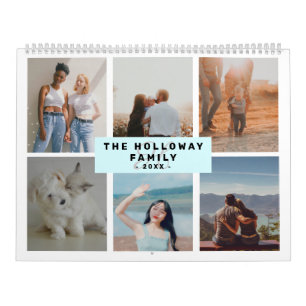 Calendário Colagem de 18 fotos com nome de monograma da famíl