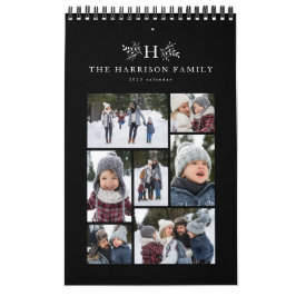 Calendário Colagem de fotos da família monograma roxo preto e