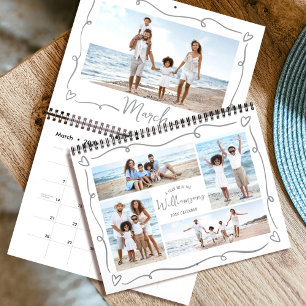 Calendário Colagem de Fotos de Corações Desenhados à Mão Famí