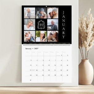 Calendário Colagem de Fotos de Família Monograma Crista Preto