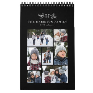 Calendário Colagem de fotos de família monograma rústico pret