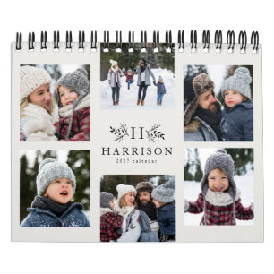 Calendário Colagem de fotos de família monograma rústico pret