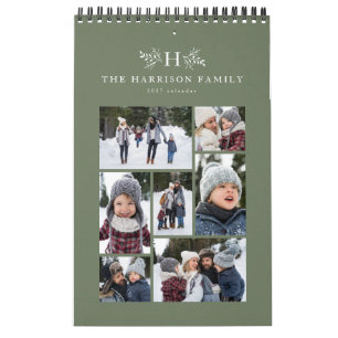 Calendário Colagem de fotos de família monograma rústico verd