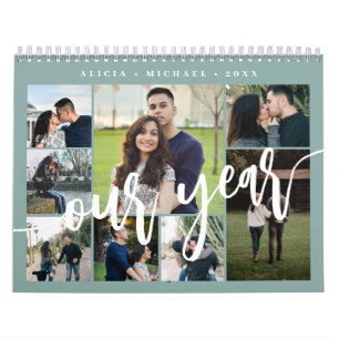 Calendário Colagem de fotos simples e empoeirada azul moderna