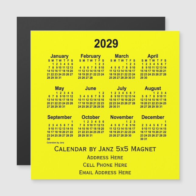 Calendário comercial amarelo 2029 por Janz (Frente/Verso)