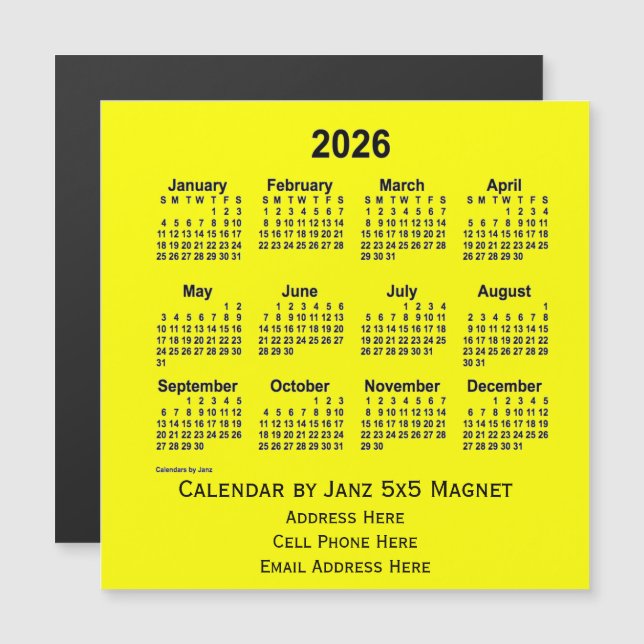 Calendário comercial amarelo de 2026 por Janz (Frente/Verso)