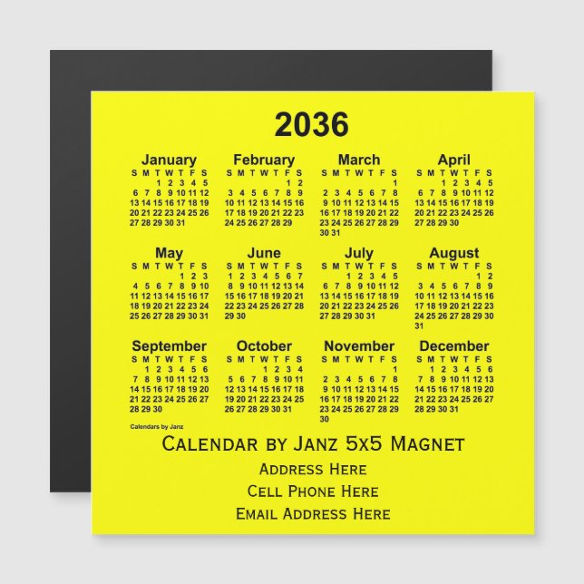 Calendário comercial amarelo de 2036 por Janz (Frente/Verso)