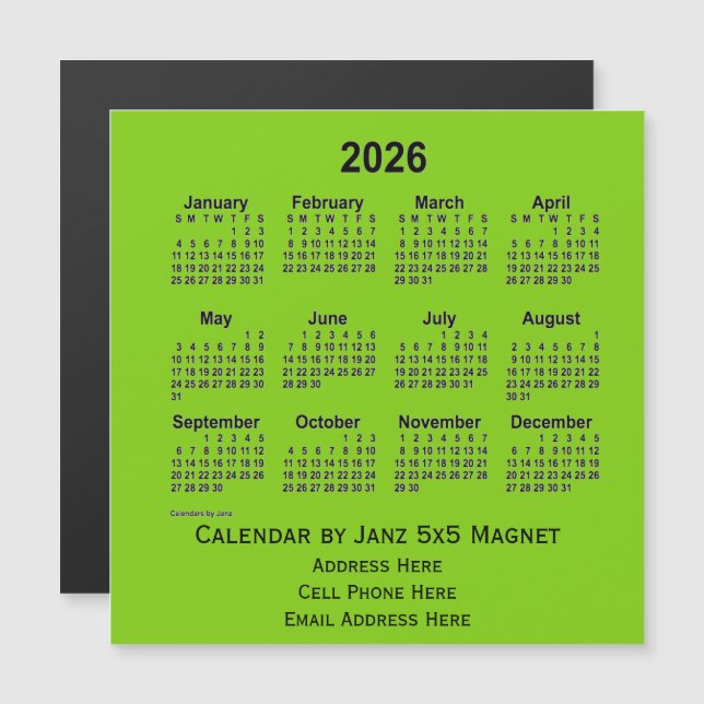 Calendário comercial amarelo verde 2026 por Janz (Frente/Verso)