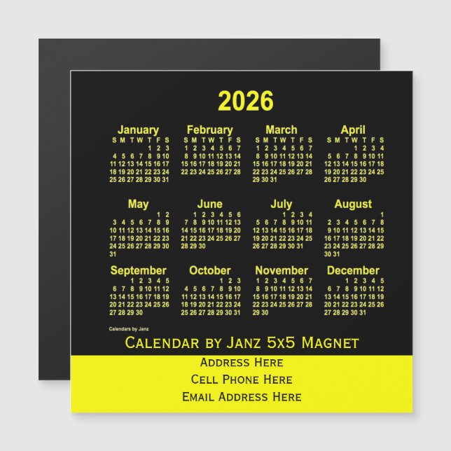 Calendário comercial Neon Yellow 2026 por Janz (Frente/Verso)