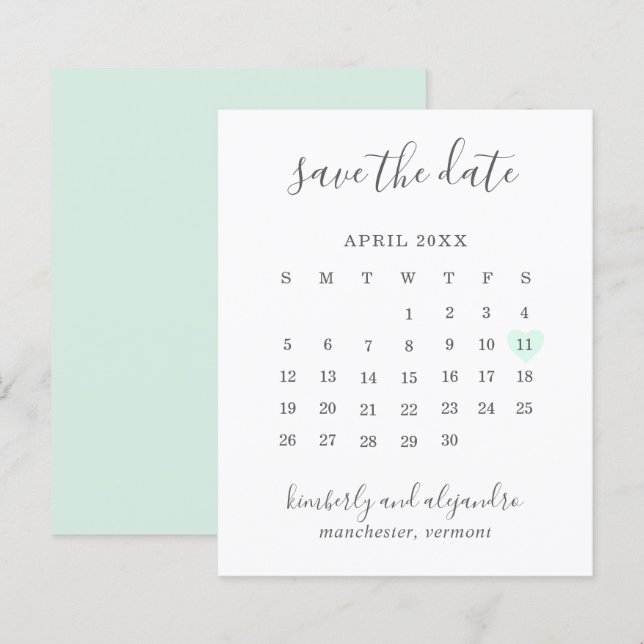 Calendário Coração Verde Orçamento Casamento Save  (Frente/Verso)