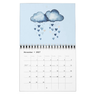 Calendário Corações de Flores de Listras de Jeans Azul de Gan