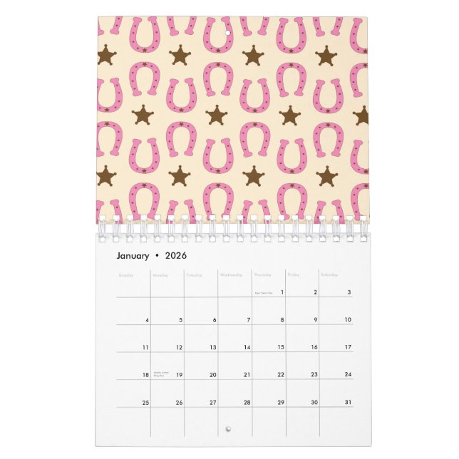 Calendário Cowgirl Pink Horseshoe Sheriff Star Country Texas (Jan 2026)