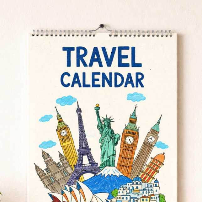 Calendário Crayon Style Travel Calendar Cover | Editable Year (Criador carregado)