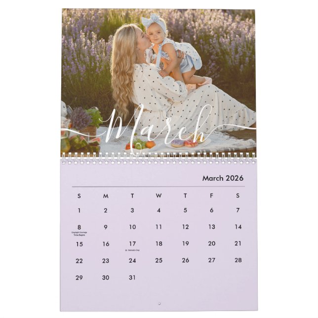 Calendário Custom Family Photo | Personalized Soft Lavender (Mar 2026)