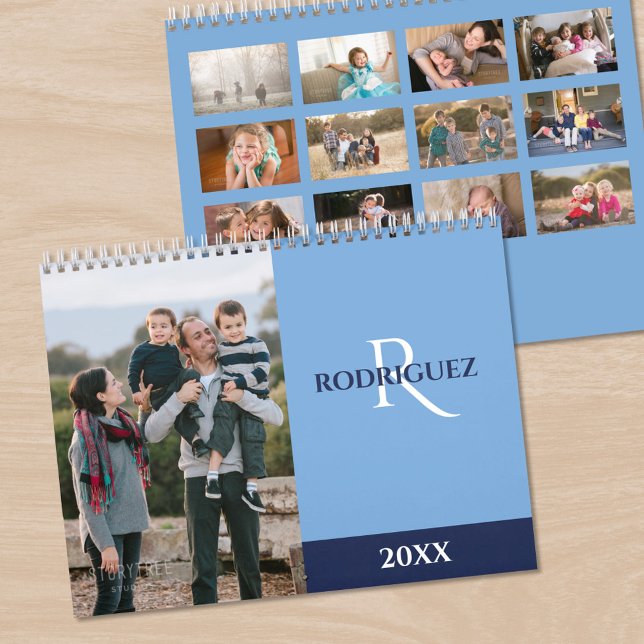 Calendário Custom Monogram Spanish Light Blue Photo (Custom Monogram Spanish Light Blue Photo Calendar, front/back)