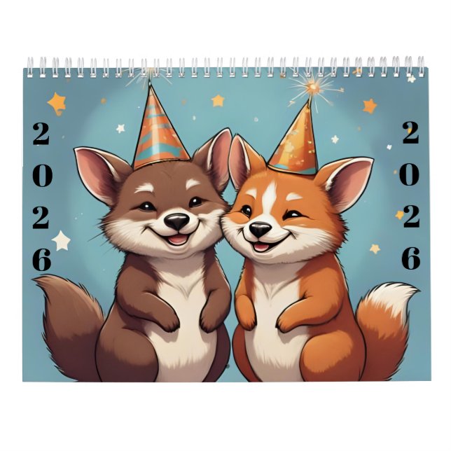 Calendário Cute cartoon animals new year 2026 Calendar (Verso)