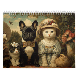 Calendário Cute Dogs and Cats Floral Garden Wall