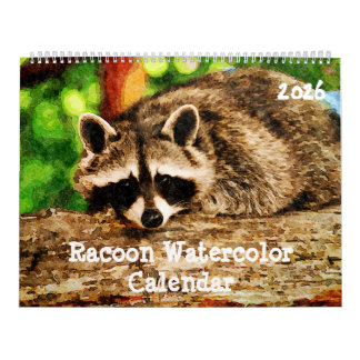 Calendário Cute Watercolor Raccoon Wildlife Painting Art Cale