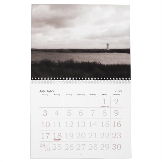 Calendário da foto da ilha B&W do Martha's (Jan 2027)