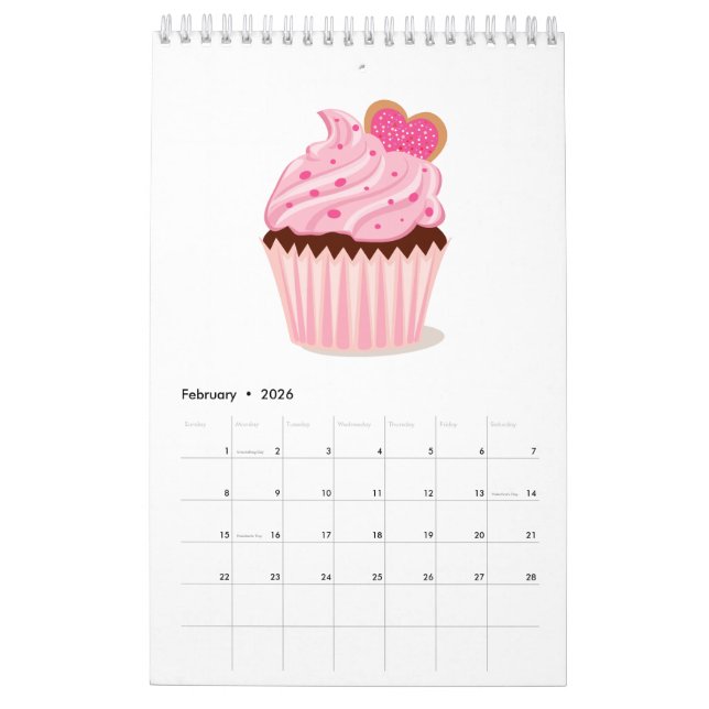 Calendário da pastelaria do cupcake (Fev 2026)