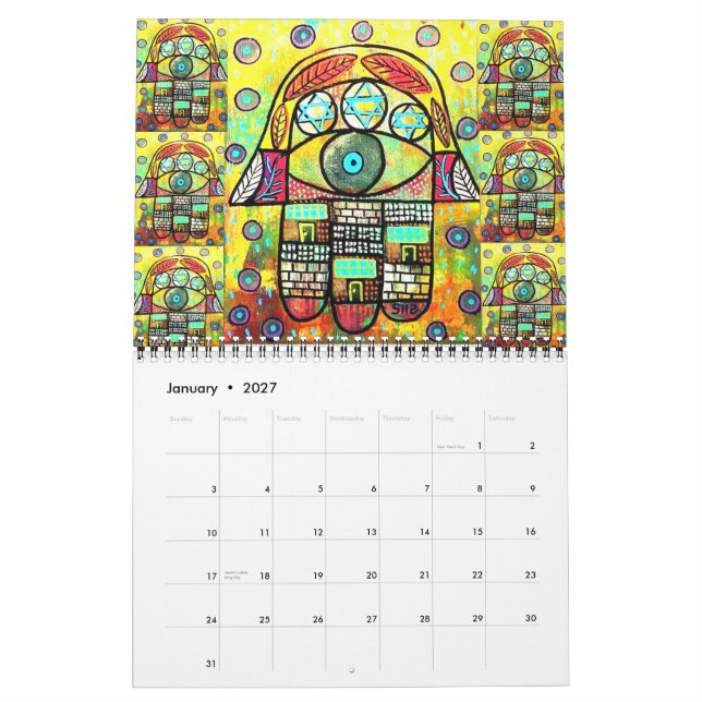 Calendário de 12-Mês de Judaica Hamsa (Jan 2027)