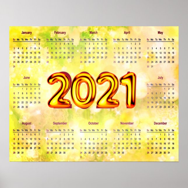 Calendário de 12 Meses de 2021 em Poster Abstrato (Frente)