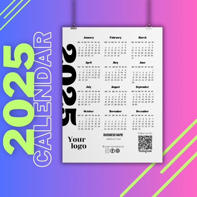 Calendário de 2025 Anos, Preto e Branco Corporativ (2025 Year Calendar Black And White Corporate, corporate calendar, 2025 full year calendar)