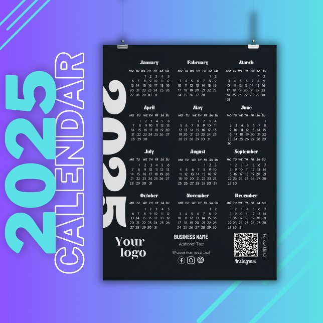 Calendário de 2025 Anos, Preto e Branco Corporativ (2025 Year Calendar Black And White, Corporate calendar, yearly calendar, full year, 2025 calendar)