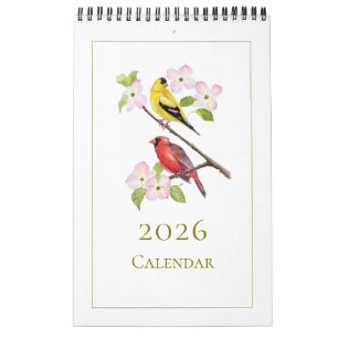 Calendário de 2026 de Aves de Aquarela Elegantes