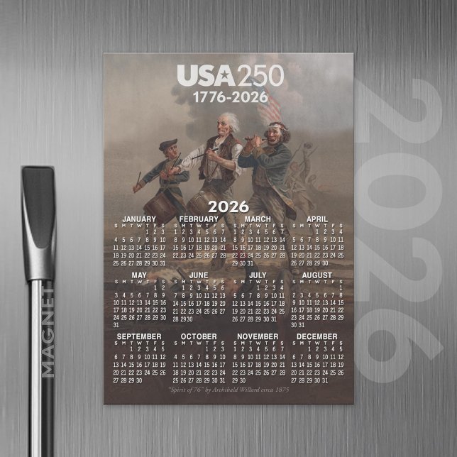 Calendário de 2026 - Espírito de 76 - 250° anivers (2026 Calendar Magnet with USA 250 Celebration Theme)