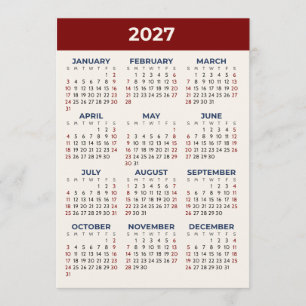 Calendário de 2027 em Vista Anual Cartão de Cores