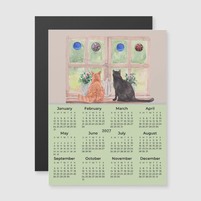 Calendário de 2027 Gatos na Janela Ímã de Calendár (Frente/Verso)