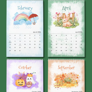 Calendário de Aquarela das Estações de 2026