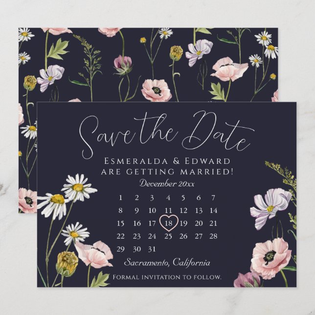 Calendário de Casamento de Flor Selvagem Verde Sal (Frente/Verso)