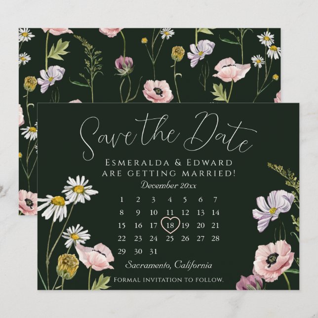 Calendário de Casamento de Flor Selvagem Verde Sal (Frente/Verso)