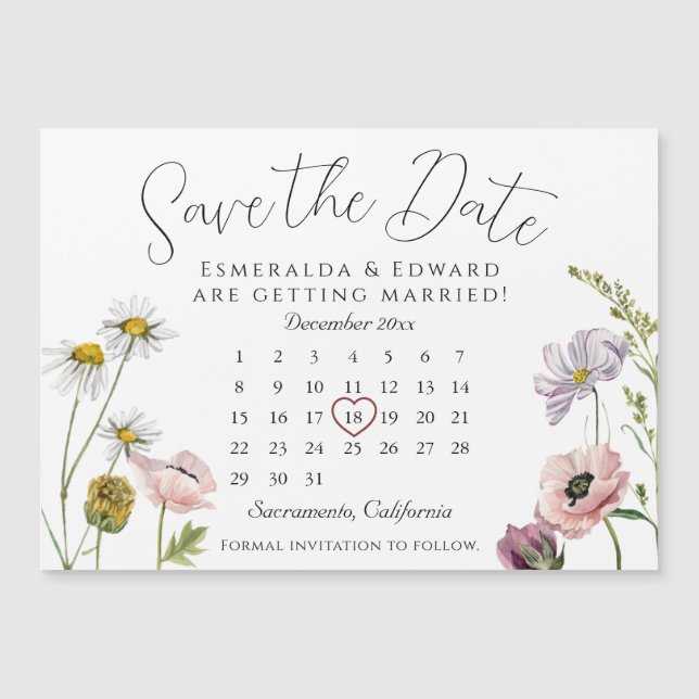 Calendário de Casamento de Flor SimpleWild Salvar  (Frente)