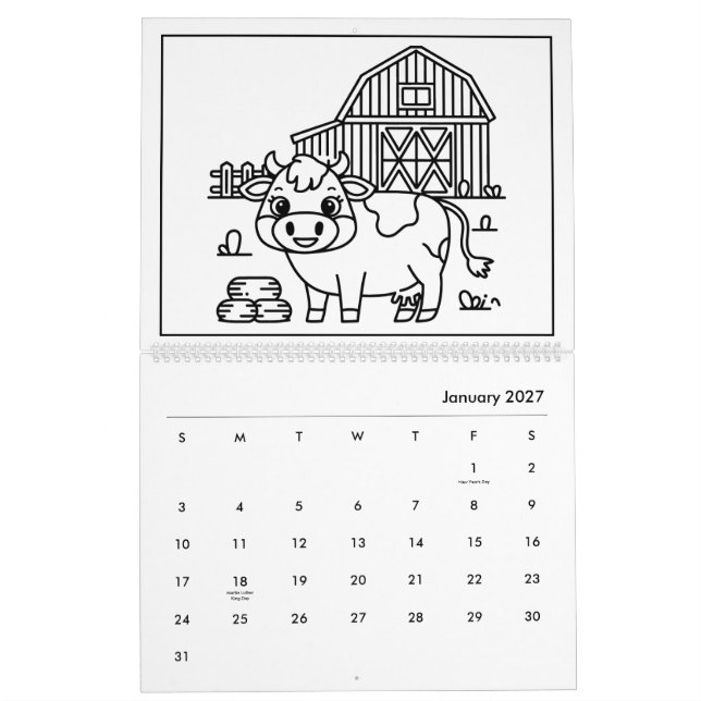 Calendário de Colorir Fazenda dos Miúdos Fofos (Jan 2027)