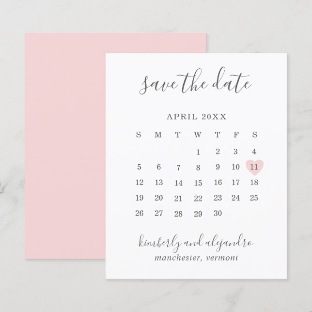 Calendário de Coração Rosa Orçamento Casamento Sav (Frente/Verso)