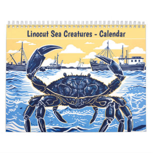 Calendário de Criaturas Marinhas em Linocut 2026