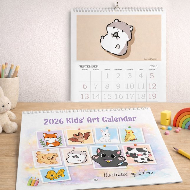Calendário de Desenhos de Crianças 2026, Animais F (2026 Kids Drawings Calendar, Salma's Cute Animals Calendar, Kids drawings turn into art)