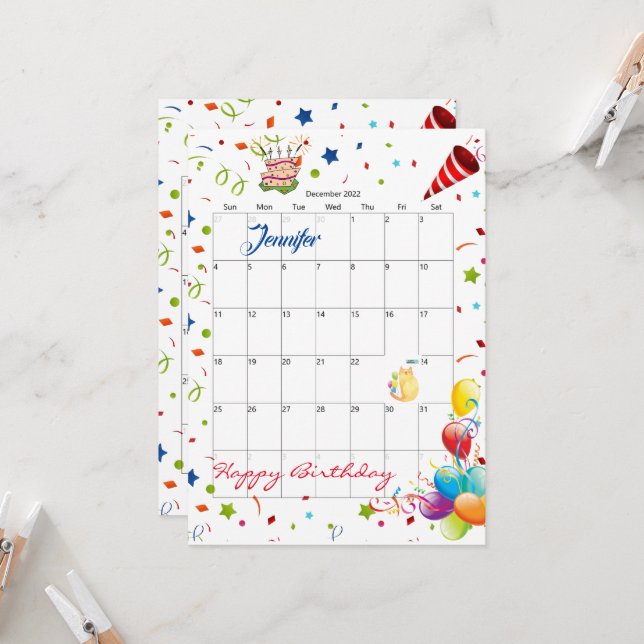 Calendário de dezembro de 2022 Convite de aniversá (Frente/Verso In Situ)