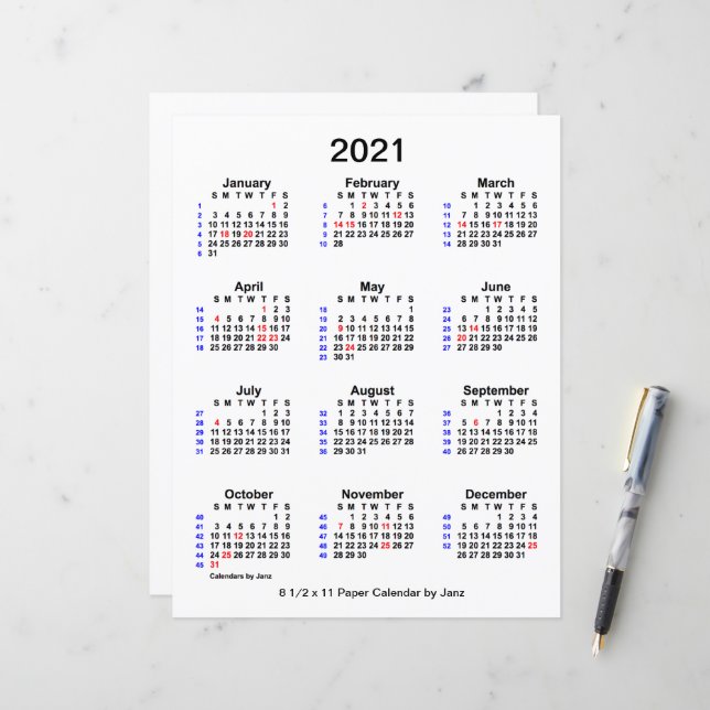 Calendário de férias de 2021, de 52 semanas, em ja (Frente/Verso In Situ)