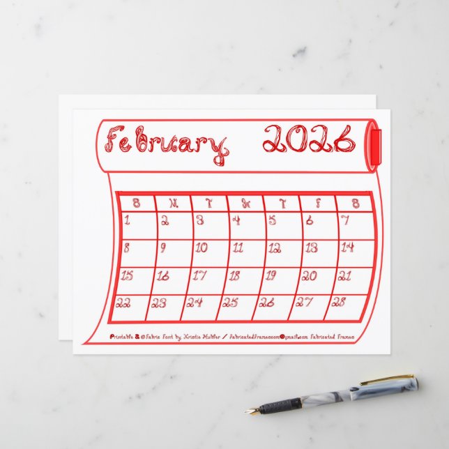 Calendário de Fevereiro de 2026 Vermelho Tecido Fo (Frente/Verso In Situ)