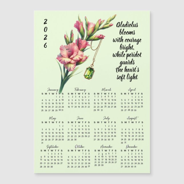 Calendário de Flor e Pedra de Nascimento de Agosto (Frente)