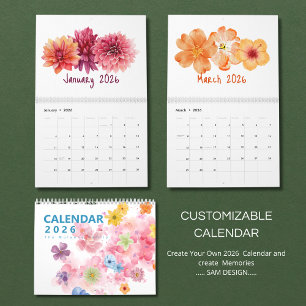 Calendário de Flores Aquarela 2026 Floral Elegan