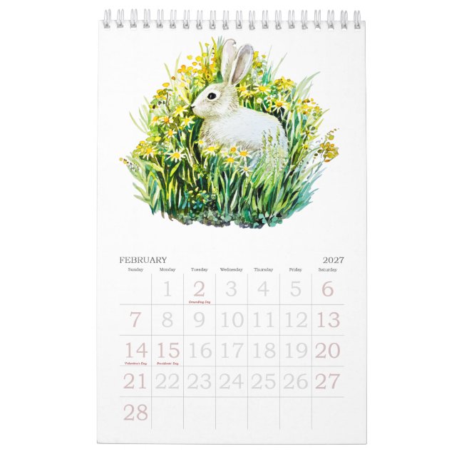 Calendário de flores e animais em aquarela (Fev 2027)
