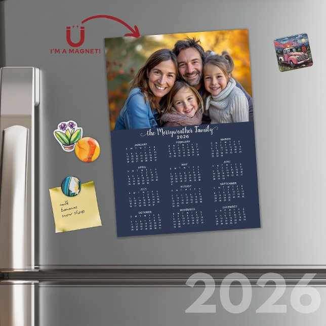 Calendário de Foto Simples Azul Moderno 2026 (2026 Modern Blue Simple Photo Calendar Cards with Envelopes)